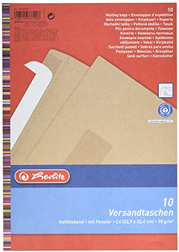 Herlitz Versandtasche C4 90 g Haftklebend mit Fenster, Recyclingpapier, blauer Engel, 10-er Packung, eingeschweißt, braun
