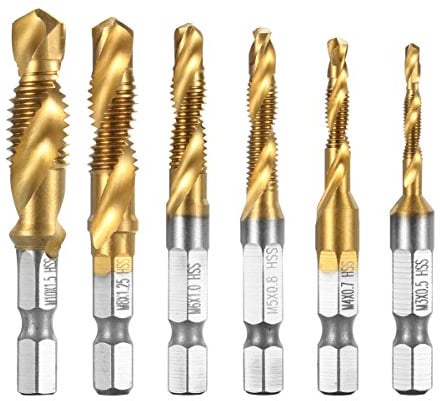 Qibaok 6 tlg Kombi Gewindebohrer 1/4'' HSS M3-M10 Schraube Sechskantschaft Senker Werkzeuge Bohrer Set Titan Maschinengewindebohrer Bits für Holz Kunststoff Dünnes Aluminium, Nicht für Hartes Metall