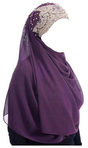 Lina & Lily Damen Hijab Kopftuch aus Chiffon mit Goldenen Pailletten & Glitzer & Perlen (Dunkelviolett)