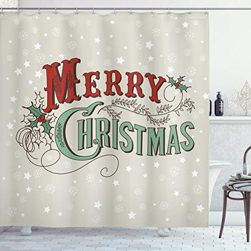 ABAKUHAUS Weihnachten Duschvorhang, Stern-Schneeflocke Retro, Stoffliches Gewebe Badezimmerdekorationsset mit Haken, 175 x 180 cm, Eischale Sea Green Rubin