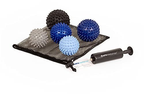 TheraPIE Massageball mit Noppen | Deluxe | Noppenball | Igelball | Härte kann selbst variiert werden | verschiedene Durchmesser (5er Set inkl. Pumpe)