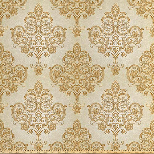 ABAKUHAUS Jahrgang Satin Stoff als Meterware, Barocke Gebogene Blumen, Qualitäts Stoff Heimtextilien Wohnaccessoires, 5M (148x500cm), Hellbraun Creme