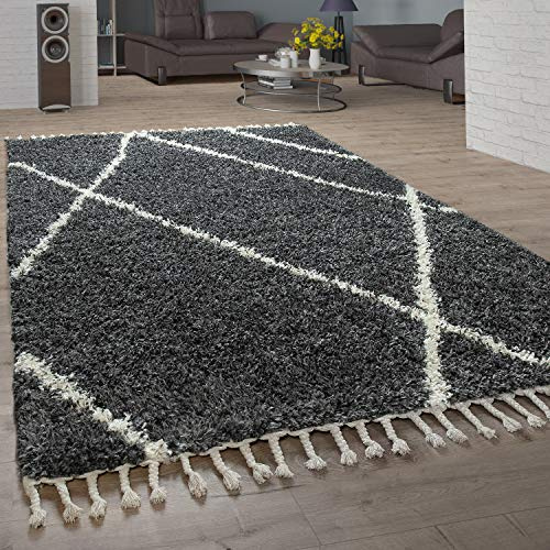Paco Home Shaggy Teppich Wohnzimmer Hochflor Rauten Muster Skandi Design, Grösse:80x150 cm, Farbe:Anthrazit
