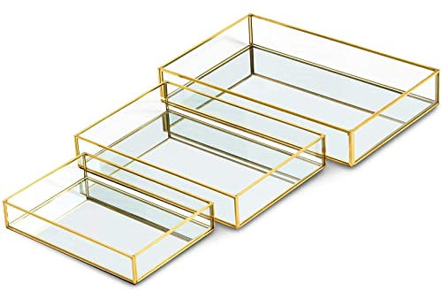 Set of 3 Gold Mirror Vanity Tray for Perfume, Makeup Display, Decorative Rectangle Glass Jewellery Organiser for Bathroom, Dresser (3 Sizes)
