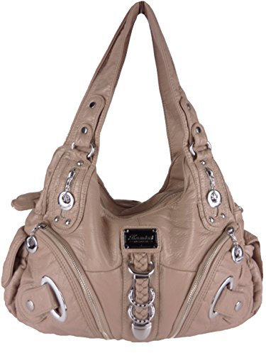kennydoo Große Damen-Handtasche im Hobo-stil, geräumig, mehrere Fächer, gewaschenes Leder-PU, Schultertasche, modern & sportlich, Tote-bag, Umhängetasche für Damen (beige KM1629)