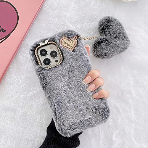 ZTUOK Compatible with iPhone 11 for Girls，Luxury Diamond Winter Warm Handmade Soft Fur Fluffy Plush Furry Shockproof Protective Phone Case Cover for iPhone 11 -Dark Gray