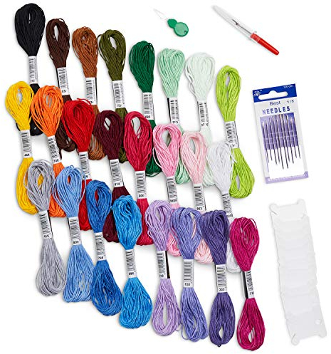 Avenfair Embroidery Threads 24 Skeins per Pack, Multi Color Embroidery Floss, Cross Stitch Threads, Friendship Bracelet Threads, with Free Needles, Floss Bobbins (24 Colors)