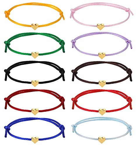 Xinstroe 10 Stück Herz Freundschaftsarmband, Herz Seil Armbänder Filigranes Herz Armband Größenverstellbar Herz Armband für Frauen Mädchen (Gold)