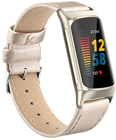 Tuocal Echtleder Armband Kompatibel Mit Fitbit Charge 6/5 - Weiches Atmungsaktives Ersatzband für Damen Und Herren - Sport Lederband