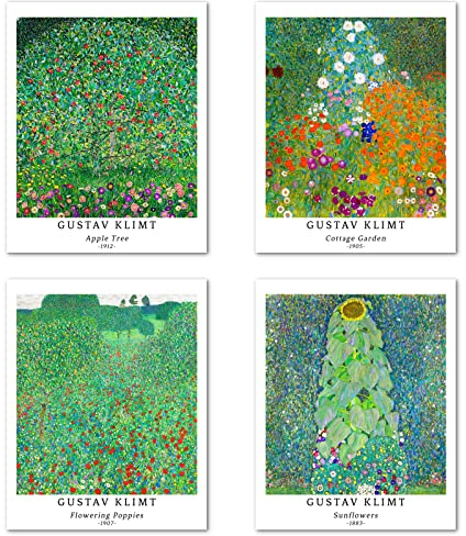 Kunstdruck Ungerahmt Bilder Set von 4, Poster Größe: 20x25 cm Premium Kunstpapier Wanddeko Stilvolles 4 Stück Abstrakt Wald Pflanzen Panorama Bild Passenden Raumdekoration Deko Gustav Klimt Paintings