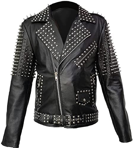 Herren Jacke mit Nieten, Leder, Schwarz, Schwarz – Spike Lederjacke, XX-Small