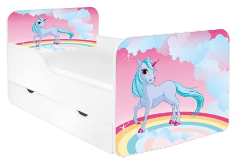 AS-TOR Kinderbett Jugendbett Zuza 70x140 mit Matratze und Schublade - Bett Schlafzimmer Kindermöbel Kinderbetten für Mädchen und Junge, Hochwertige Möbelplatte, Solide und Sicher, Einhorn