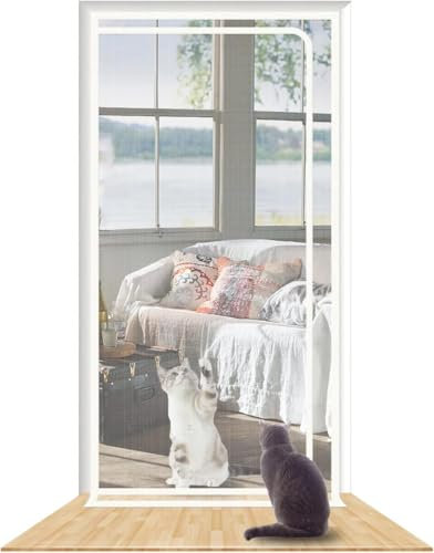 SHRRL Moustiquaire renforcée pour chat pour porte de 120 cm x 220 cm, très résistante aux animaux domestiques avec fermeture éclair, empêche les chiens et les chats de courir hors de la maison, blanc