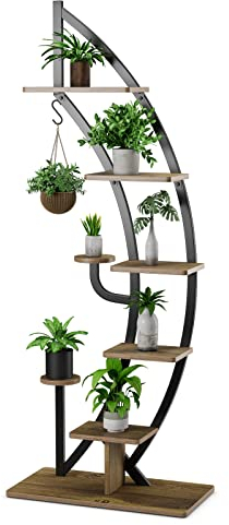 COSTWAY 6-stufiger Metall-Pflanzenständer in Halbmondform, Blumenregal mit 2 kleine Ablagen & oberem Haken, Leiter Pflanzenregal Kippschutz, Blumentopf-Ständer für Garten Balkon Wohnzimmer (Braun)