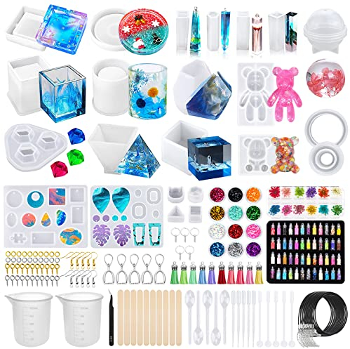 JOTOL Stampo in Silicone Colata per Resina Epossidica, DIY Contiene Set di Strumenti per Il Fai da Te 132pcs include Cubo Sfera Piramide