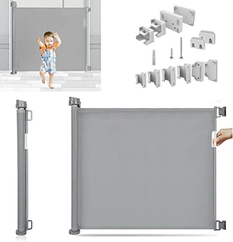 Retractable Gate for Babies and Pets, Portable Safty Door Gate, Extra Wide130cm Mesh Stair Baby Gate, One Handed Silent Operation, Retractable dog Gate, for Outdoor/Stairs/Doorways/Hallways, Grey
