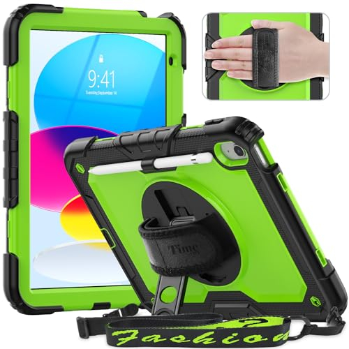 timecity Hülle für iPad 11(A16) 2025 11 Zoll/iPad 10 Generation Hülle 10.9 Zoll 2022, Stoßfeste Schutz mit Displayschutz Handschlaufe Schultergurt 360°-Drehbarer-Ständer Stifthalter Outdoor-Gelbgrün