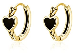 SLUYNZ 925 Sterling Silver Black Heart Hoop Earrings for Women Heart Huggie Earrings Hoop (B-Gold Plated)