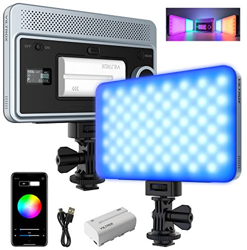 VILTROX 15 W RGB-Videoleuchte, CRI 95+ App-Steuerung, tragbares Softkey-Lichtpanel für Porträtfotografie im Freien, Vollfarbe 2800–6800 K auf der Kamerabeleuchtung mit NP-F550 Akku-Blitzschuhadapter