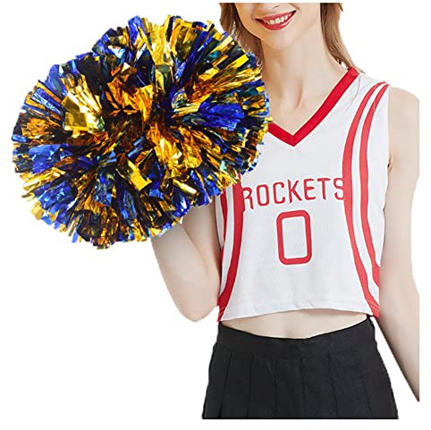 SHTGOI Cheerleading Pompons 2 Stück Metallic-Folie Cheerleading Pom Poms mit Handle Cheerleader Handblumen Cheers Blumenball für Sportveranstaltungen Ballspiele Tanzbedarf Blau+Gold