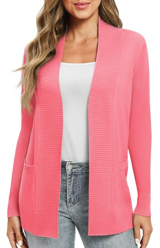 EXCHIC Donna Casuale Manica Lunga Lavorare a Maglia Cardigan Leggero Comodo Fronte Aperto Maglioni Lunghi con Tasche(L, Rosso Corallo)