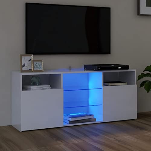 FIRBNUS Mueble de TV con Luces LED 120x30x50 cm, Mueble para Televisión de Madera, Moderno Blanco Brillante para Salón