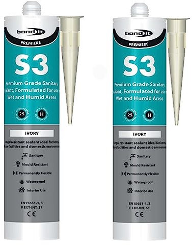 Bond-it 310ml S3 Grade Sanitary Silicone Sealant High Performance Bathroom Bath Kitchen Sink Shower Anti Mould Window Fungal Resistant Premium EU3 (Ivory, 2)