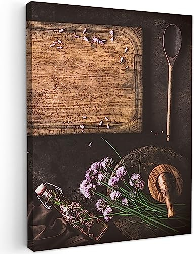 MuchoWow© Impression sur Toile Decoration Murale Peinture 60x80 cm Tableaux Decoratifs Muraux Décoration Chambre Planche à découper - Herbes - Cuillère - Cuisine - Rustique - Mortier - Ciboulette