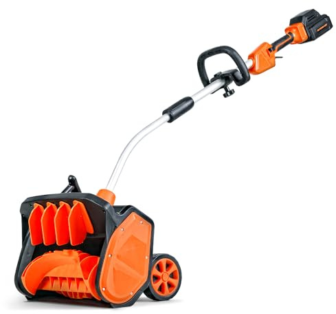 SuperHandy Elektrischer Schneefräser, verstellbarer Winkel, 43 cm Räumbreite, 14,5 cm Einzugshöhe, 7 m Wurfweite, gebogener gezahnter Schaufelblatt, 48V-2Ah Batterie, tragbare Räder, einfache Manövrie