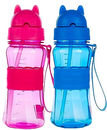 Sigdio Gourde pour Enfants avec Paille 2 Pièces Bouteille d'eau Enfant sans BPA pour Maternelle, École et Activités extérieure (Bleu et Rose Rouge)