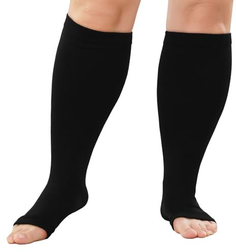 LOFIR Medizinische Kompressionsstrümpfe für Damen Herren: Offene Zehen Kniehohe Dicke Waden Übergröße Stützstrümpfe Feste 20-30 mmHg Klasse 2 Gradienten Compression Socks für Krampfadern Schwarz 1Paar