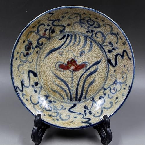 Assiette chinoise en céramique peinte à la main Yuan bleu et blanc émaillé rouge