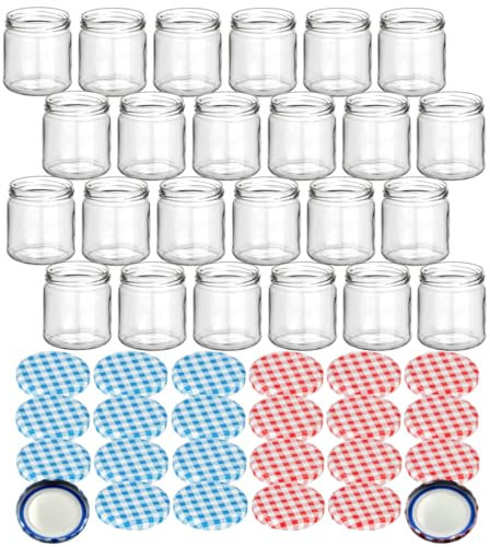 gouveo 24er Set Einmachgläser 405 ml rund mit BlueSeal Schraub-Deckel in karoblau und karorot - Leere Vorratsgläser mit TO Ø 82 mm - Honigglas