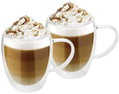Fusion Food Care Double Wall Glass Mugs 250MLSet of 2 - Insulated, Transparent Coffee & Tea Cups with Handle - Heat Resistant, Condensation-Free & Freezer Safe