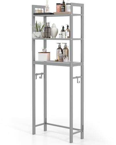 LIFEZEAL Scaffale Salvaspazio sopra Lavatrice in Metallo, Mensole Bagno per Asciugatrice, 63x26,5x170/178 cm, Porta da Terra per Detersivi con 3 Ripiani e Ganci Staccabili per Pantofole (grigio)