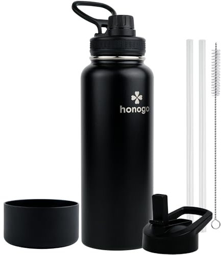 honogo 40 oz Double Wall Insulated Sports Water Bottle for Men, Women & Kids, 18/8 Stainless Steel Wide Mouth Thermos Flask with Straw Lid & Spout Lid, Leak Proof, Keep Hot and Cold (Black, 40 oz)