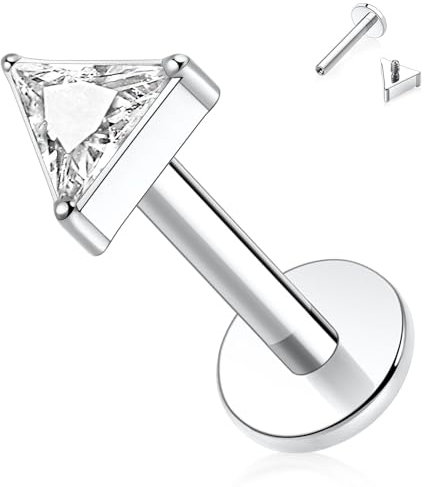 Titan Labret Schmuck - Intern Gewindeter Flatback Ohrring, 16G Tragus Piercing, 6mm Monroe Medusa Helix Knorpel Conch Stud (Dreieck CZ) - Silber