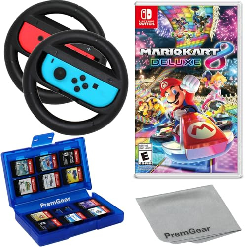 Mario Kart 8 Deluxe, für Nintendo-Switch, mit PremGear Racing Lenkrad-Controllern, Fahrgriffen für Joy-Con (2er-Pack), 24 Spielkartenhalter und Reinigungstuch