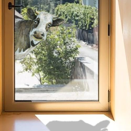 Funlife Groß Sticker neugierige Kuh I Beidseitig Bunt 44 x 46 cm, Statisch Haftend Vogel-Schutz Fenster Sticker, Niedliche Tierdruck Wanddekoration für Bauernhaus Bauernküche Klassenzimmer Tür