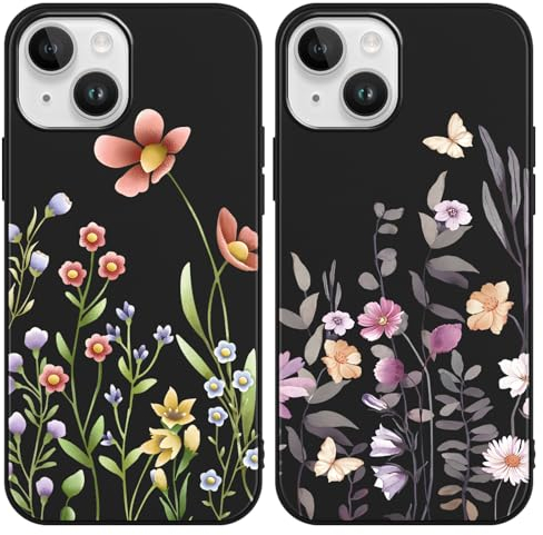 Foonary 2 Pièces Coque pour Apple iPhone 14/iPhone 13 6,1, Etui Fleur Aesthetic Motif Dessin Housse, Silicone TPU Cover Antichoc Bumper Protection Case pour iPhone 14/iPhone 13, Fleur 02