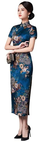 ZNLFS Abito Tradizionale Cinese da Donna Cheongsam con Spacco Laterale, Vestito Slim Fit Midi con Collo Mandarino a Maniche Corte Qipao, Blu scuro, 42
