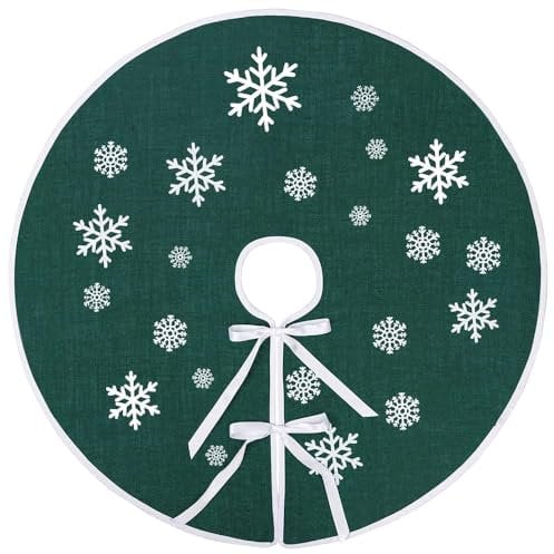 N&T NIETING Christmas Tree Skirt, 30 Inches White Snowflake Printed Pink Rustic Burlap Tree Skirt, Farmhouse Xmas Tree Holiday Decorations(Deep Green)