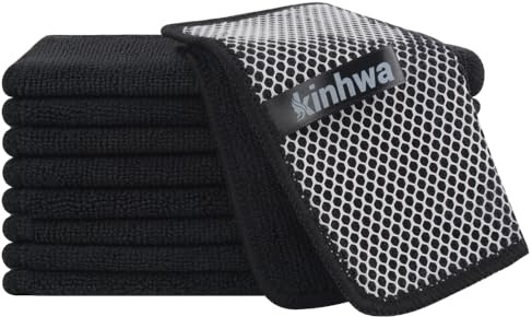 KinHwa Spüllappen Waschbar Schwarz Mikrofasertücher Spültuch mit Netz | mikrofaser putzlappen Küche Fusselfrei Kratzfreie Reinigung Stark saugfähig Schnell trocknend Langlebig 18x18cm 10 Stück