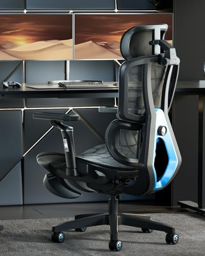 AutoFull G5 Bürostuhl Ergonomisch mit 3D-Lendenstütze & Netzrücken | 360° Armlehnen, Fußstütze | Computerstuhl für Homeoffice | Blue