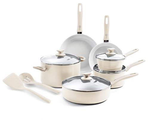 GreenPan Dover Healthy Ceramic Antihaft-Kochgeschirr-Set, 12-teilig, PFAS-frei, spülmaschinenfest, Komfortgriff, Cremeweiß