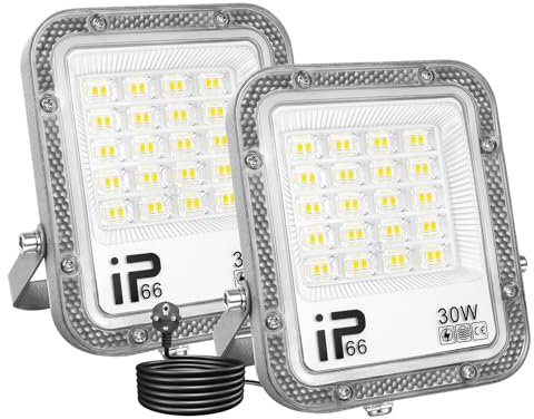 SKYWORLD 30W LED Strahler Außen 2 Stücke,Wasserdicht IP67 Superhell LED Strahler mit Stecker,6500K Kaltweiß LED Außenstrahler für Hinterhof Einfahrt Garage Flur Garten