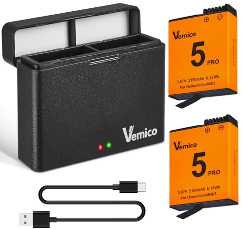 Vemico OSMO Action 5 Pro/4/3 Cargador de Batería Kit 2x2100mAh Baterías de Repuesto con USB Tipo-C LED Dual Cargador para OSMO Action 5Pro/OSMO Action 4/OSMO Action 3 Camera.