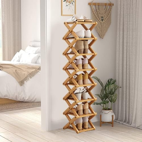 Rangement pour Chaussures Pliable en Bambou, Étagère à Chaussures en Bambou à 8 Niveaux, Étagère sur Pied pour l'Entrée, Shoe Rack Pliable pour Entrée, Couloir, Chambre, Coin et Petits Espaces