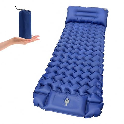 OPP ULITE Camping Air Bed Self Inflating Sleeping Pad, 10CM Thicken Sleeping Mat with Foot Pump & Pillow Ultralight Portable Mattress Waterproof for Hiking, Outdoor, Camping, Travel, Dark Blue