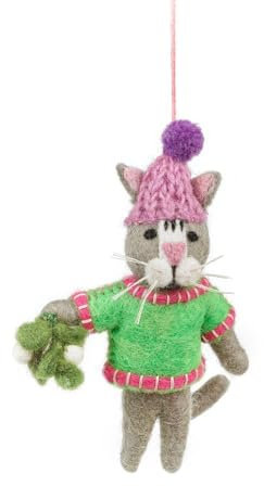 Felt Cat Christmas Decoration, Needle Felted Wool Cat with Mistletoe and Bobble Hat Bauble, Xmas Tree Hanging Cat Decoration, Fun Novelty Cat Bauble Figurine, Handmade Wool Animal